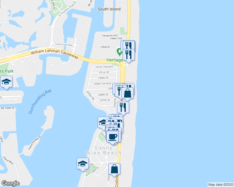 map of restaurants, bars, coffee shops, grocery stores, and more near in Sunny Isles Beach