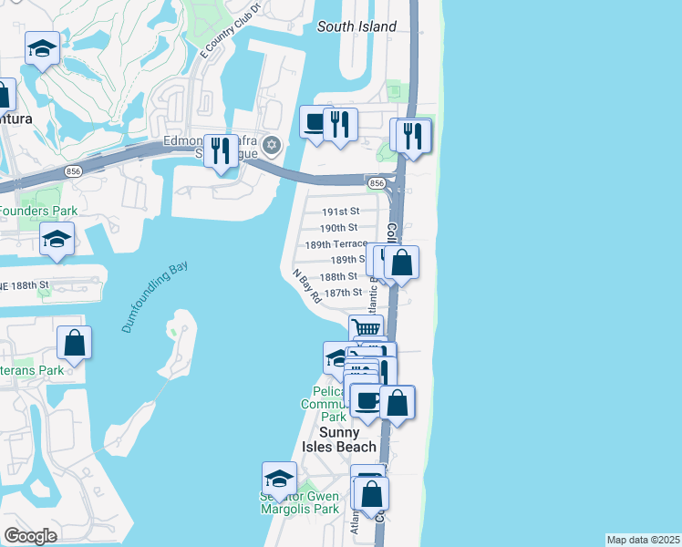 map of restaurants, bars, coffee shops, grocery stores, and more near 321 188th Street in Sunny Isles Beach