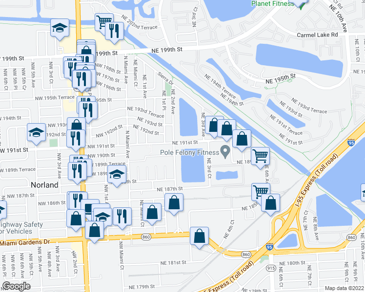 map of restaurants, bars, coffee shops, grocery stores, and more near 270 Northeast 191st Street in Miami