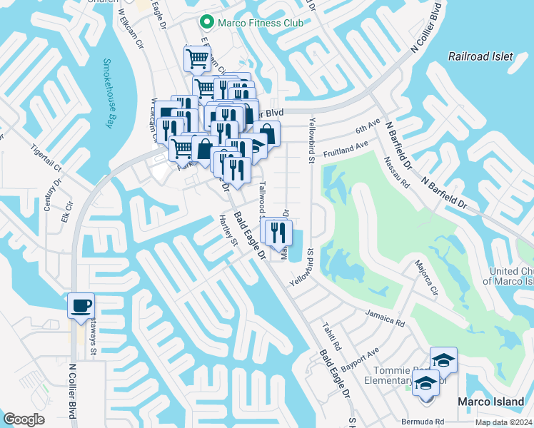 map of restaurants, bars, coffee shops, grocery stores, and more near 494 Tallwood Street in Marco Island