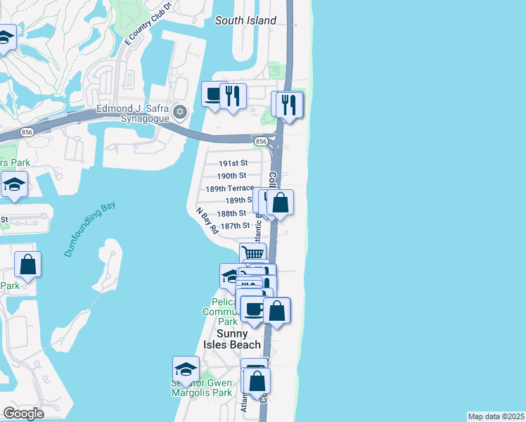 map of restaurants, bars, coffee shops, grocery stores, and more near 18801 Atlantic Boulevard in Sunny Isles Beach
