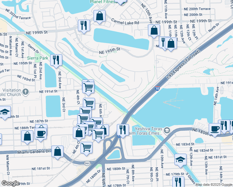 map of restaurants, bars, coffee shops, grocery stores, and more near 742 Northeast 191st Street in Miami