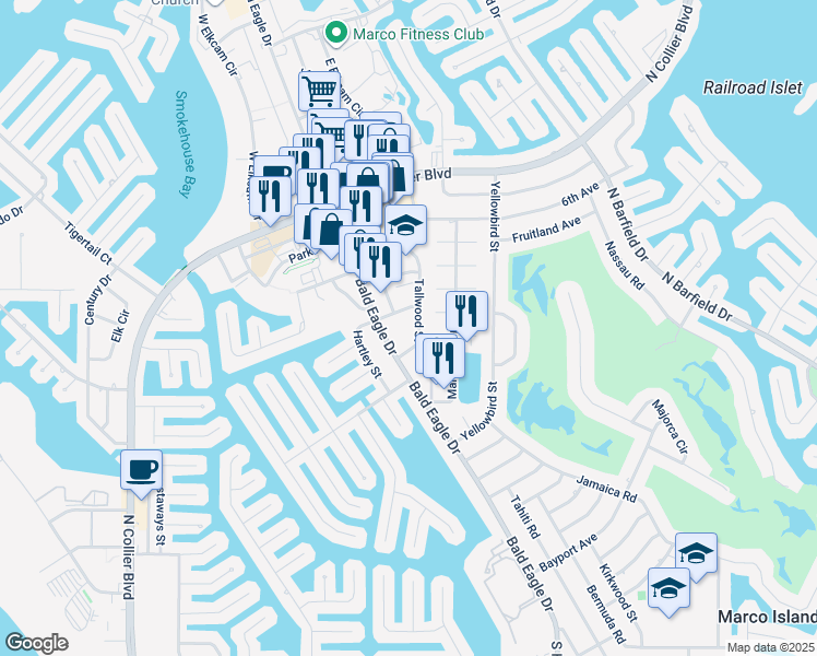 map of restaurants, bars, coffee shops, grocery stores, and more near 494 Tallwood Street in Marco Island