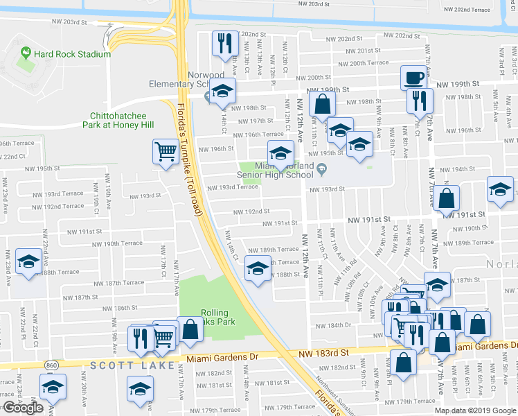 map of restaurants, bars, coffee shops, grocery stores, and more near 1345 Northwest 192nd Street in Miami