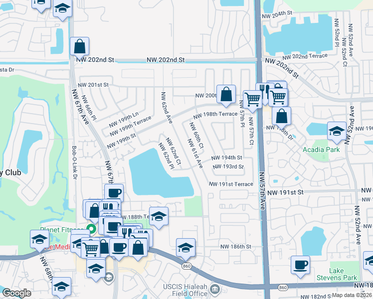 map of restaurants, bars, coffee shops, grocery stores, and more near 19497 Northwest 62nd Avenue in Hialeah