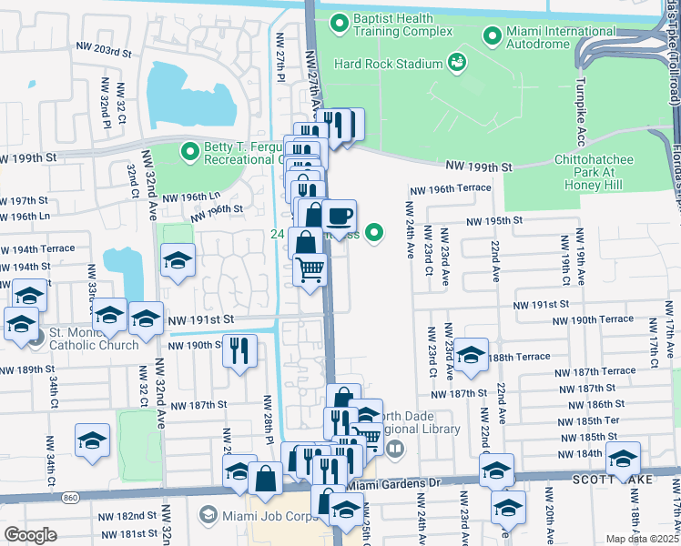 map of restaurants, bars, coffee shops, grocery stores, and more near 19261 Northwest 27th Avenue in Miami Gardens