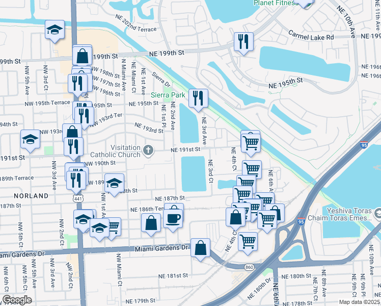 map of restaurants, bars, coffee shops, grocery stores, and more near 270 Northeast 191st Street in Miami