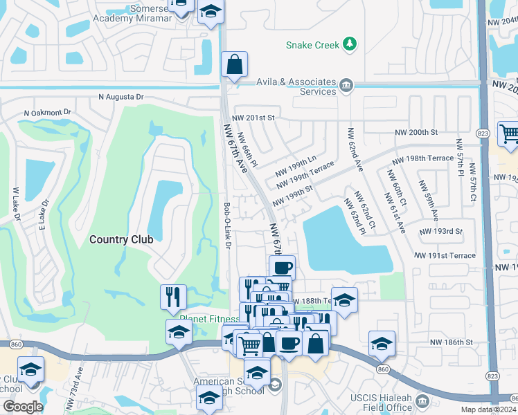 map of restaurants, bars, coffee shops, grocery stores, and more near 19902 Northwest 67th Court in Hialeah