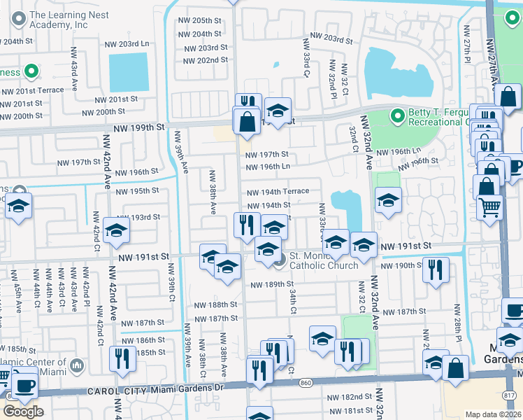 map of restaurants, bars, coffee shops, grocery stores, and more near 3550 Northwest 194th Street in Miami Gardens