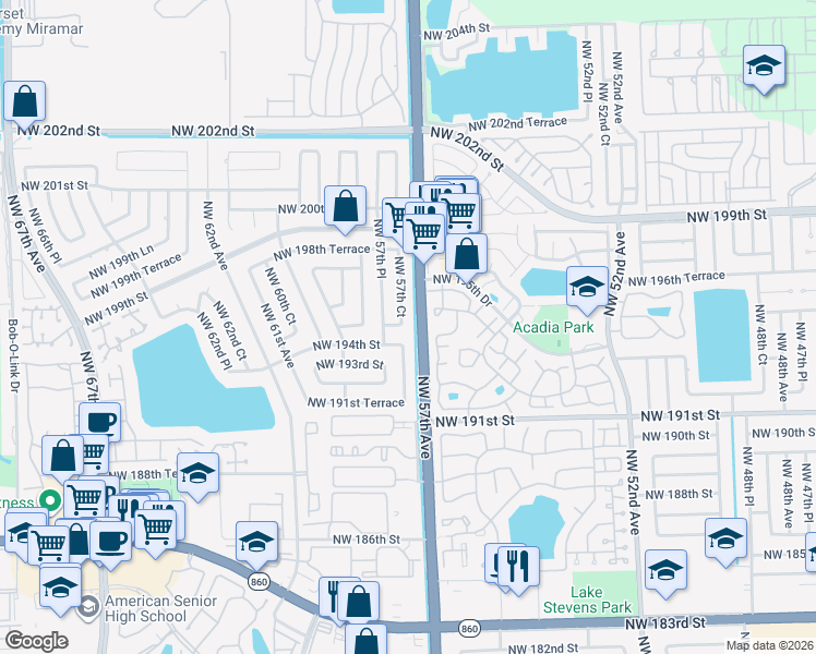 map of restaurants, bars, coffee shops, grocery stores, and more near 19451 Northwest 57th Court in Hialeah