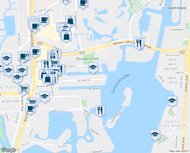 map of restaurants, bars, coffee shops, grocery stores, and more near 3333 Northeast 188th Street in Aventura