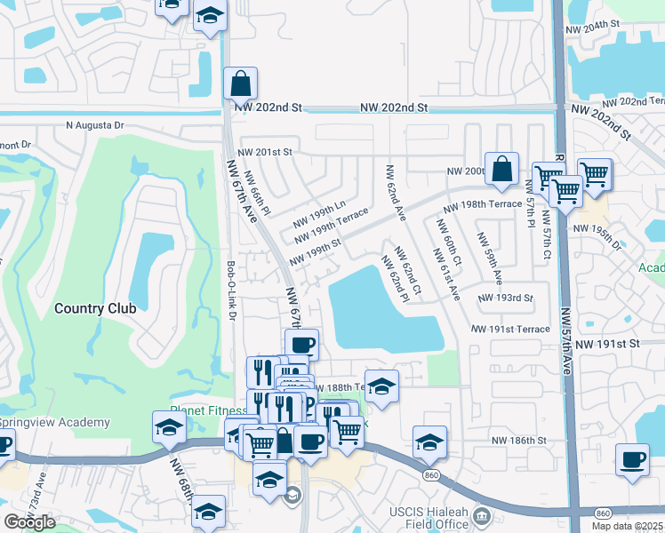 map of restaurants, bars, coffee shops, grocery stores, and more near 6469 NW 197th Ln in Hialeah