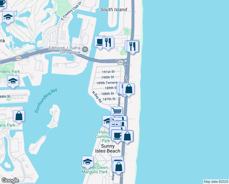 map of restaurants, bars, coffee shops, grocery stores, and more near 221 188th Street in Sunny Isles Beach