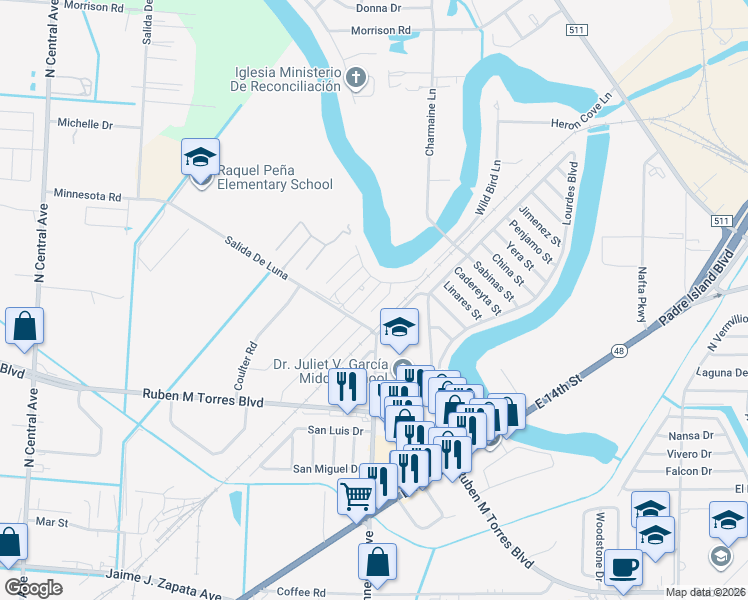 map of restaurants, bars, coffee shops, grocery stores, and more near 5318 Cocoa Beach Court in Brownsville