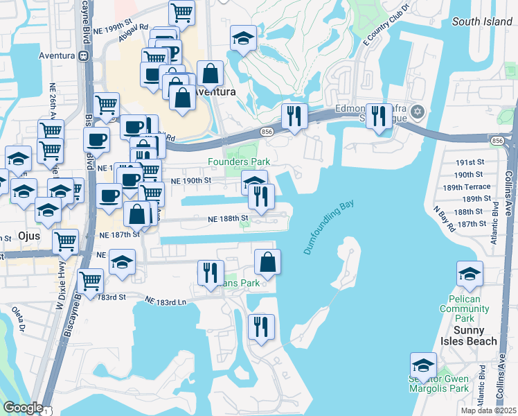 map of restaurants, bars, coffee shops, grocery stores, and more near 3333 Northeast 188th Street in Miami