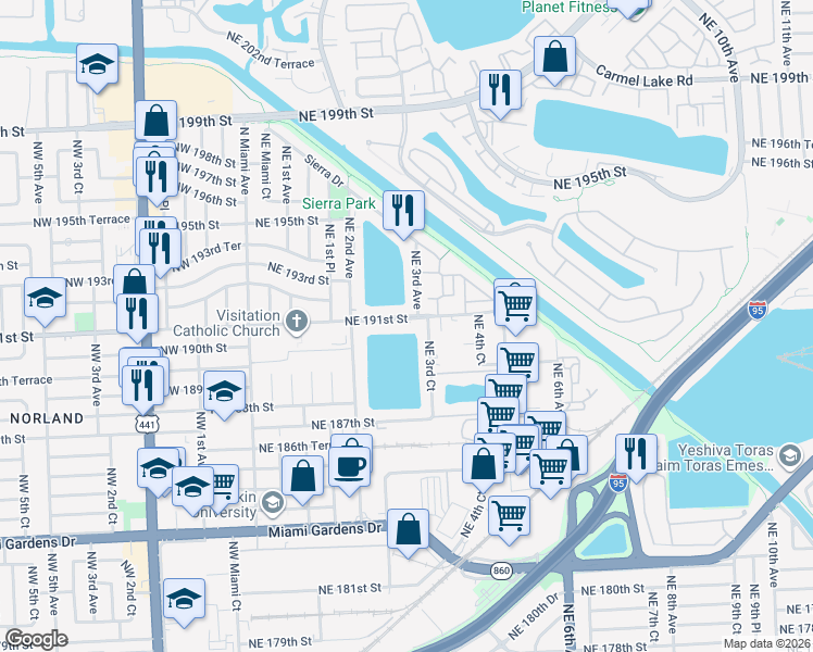 map of restaurants, bars, coffee shops, grocery stores, and more near 19080 Northeast 3rd Court in North Miami Beach