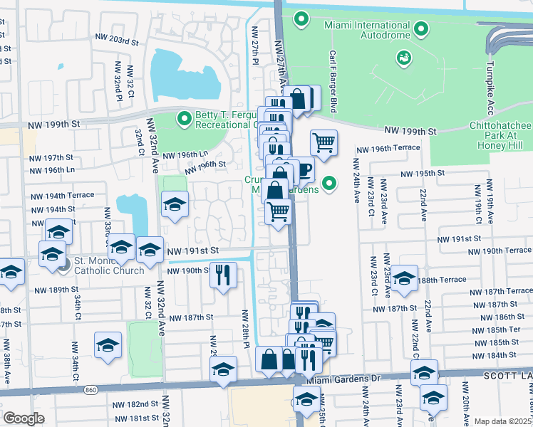 map of restaurants, bars, coffee shops, grocery stores, and more near 2754 Northwest 193rd Terrace in Miami Gardens