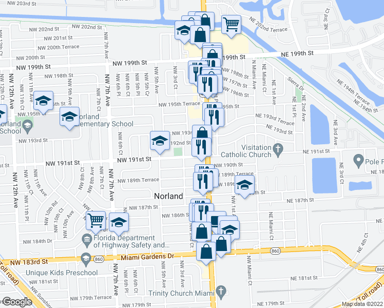 map of restaurants, bars, coffee shops, grocery stores, and more near 265 Northwest 191st Street in Miami
