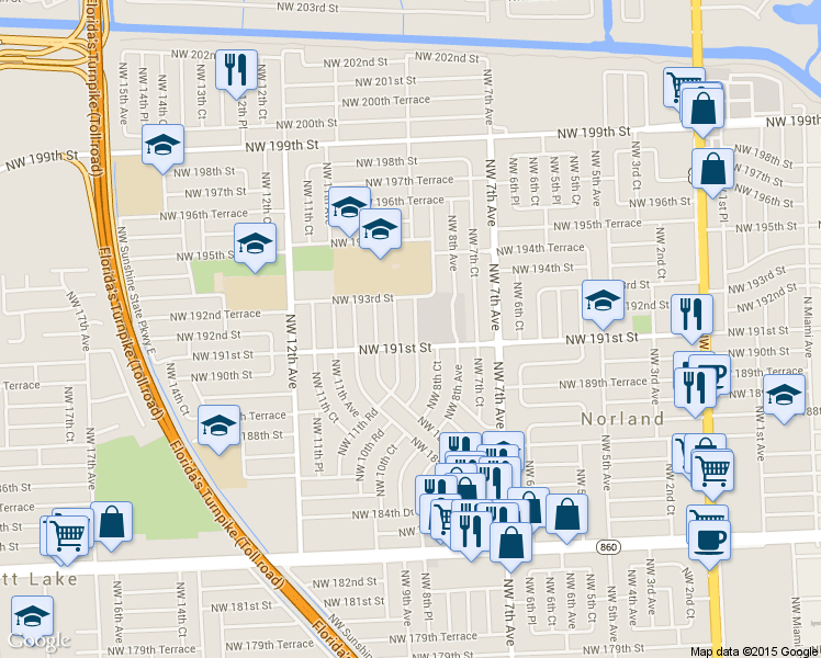 map of restaurants, bars, coffee shops, grocery stores, and more near 19120 Northwest 9th Avenue in Miami