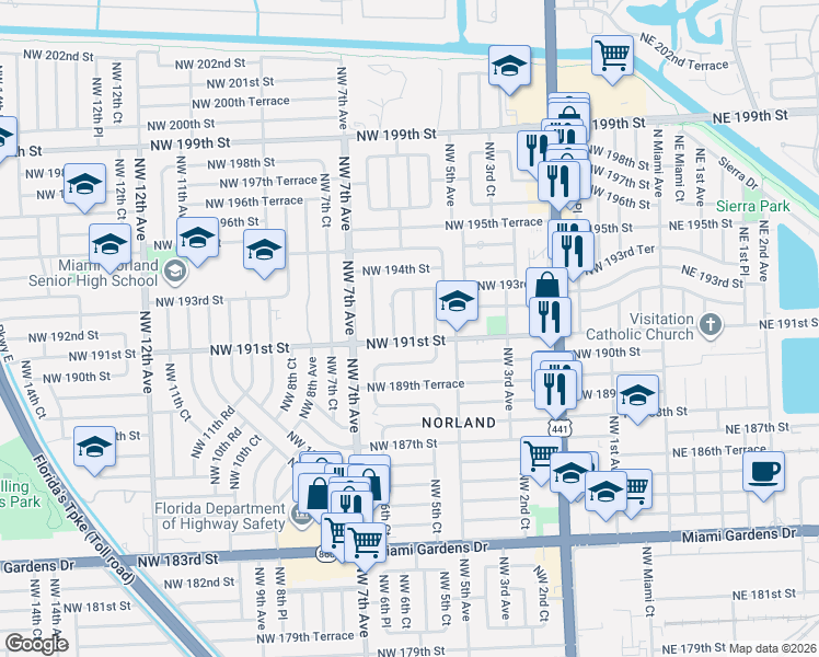 map of restaurants, bars, coffee shops, grocery stores, and more near 19121 Northwest 5th Place in Miami