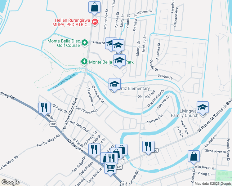 map of restaurants, bars, coffee shops, grocery stores, and more near 2500 West Alton Gloor Boulevard in Brownsville
