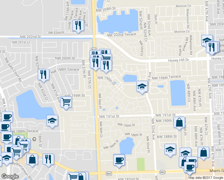 map of restaurants, bars, coffee shops, grocery stores, and more near 5560 Northwest 194th Lane in Miami Gardens