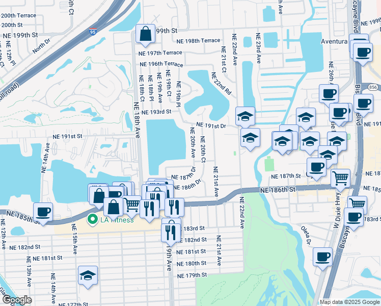 map of restaurants, bars, coffee shops, grocery stores, and more near 18910 Northeast 20th Avenue in North Miami Beach
