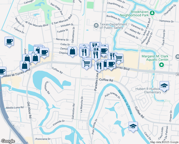 map of restaurants, bars, coffee shops, grocery stores, and more near 2155 Paredes Line Road in Brownsville
