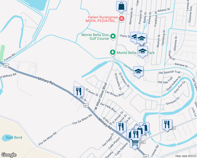 map of restaurants, bars, coffee shops, grocery stores, and more near 1948 El Paraiso Drive in Brownsville