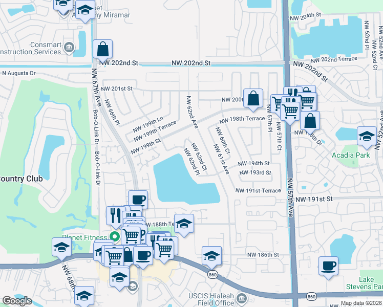map of restaurants, bars, coffee shops, grocery stores, and more near 19643 NW 62nd Pl in Hialeah