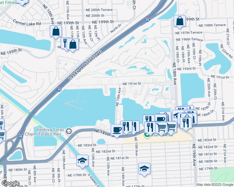 map of restaurants, bars, coffee shops, grocery stores, and more near 18900 Northeast 14th Avenue in North Miami Beach