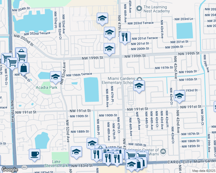 map of restaurants, bars, coffee shops, grocery stores, and more near 19413 Northwest 48th Avenue in Miami Gardens