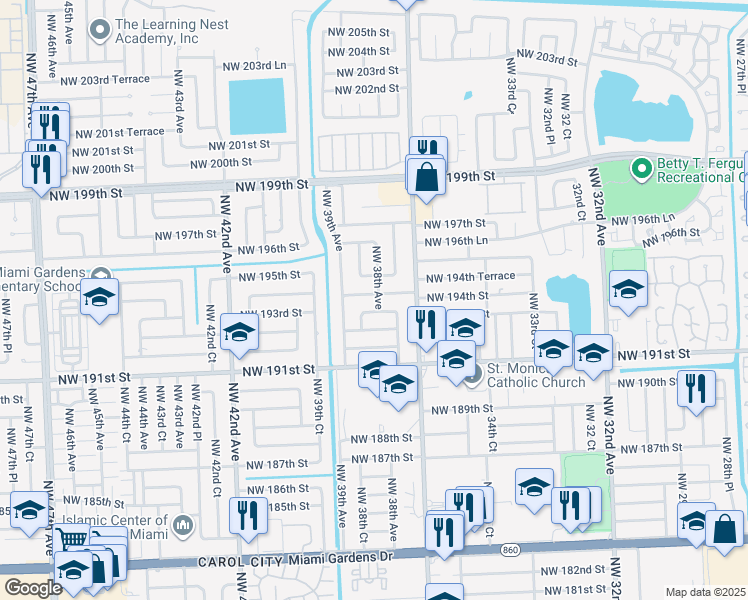 map of restaurants, bars, coffee shops, grocery stores, and more near 3800 Northwest 194th Street in Miami Gardens