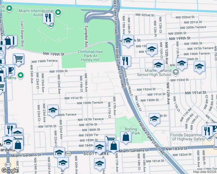 map of restaurants, bars, coffee shops, grocery stores, and more near 1723 Northwest 192nd Street in Miami Gardens