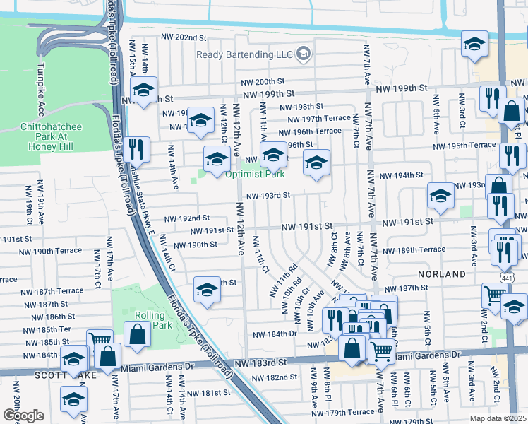 map of restaurants, bars, coffee shops, grocery stores, and more near 19130 Northwest 11th Avenue in Miami