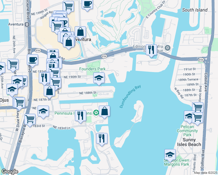 map of restaurants, bars, coffee shops, grocery stores, and more near 3385 Northeast 188th Street in Aventura