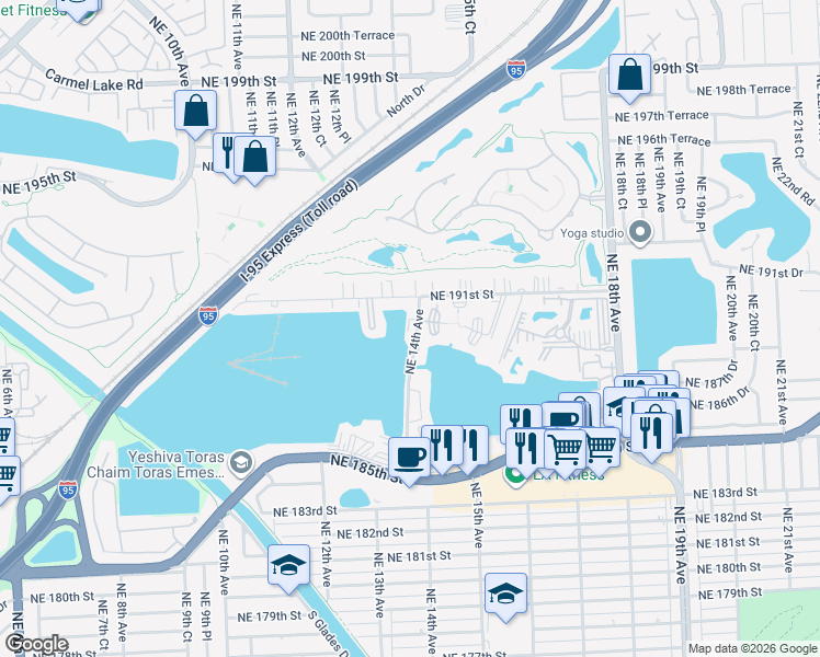 map of restaurants, bars, coffee shops, grocery stores, and more near 18900 Northeast 14th Avenue in North Miami Beach