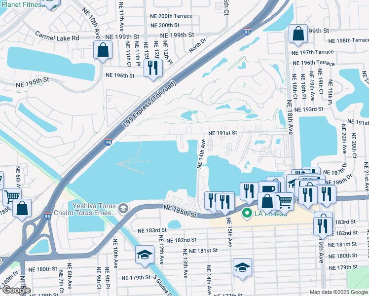 map of restaurants, bars, coffee shops, grocery stores, and more near 1300 Northeast 191st Street in North Miami Beach