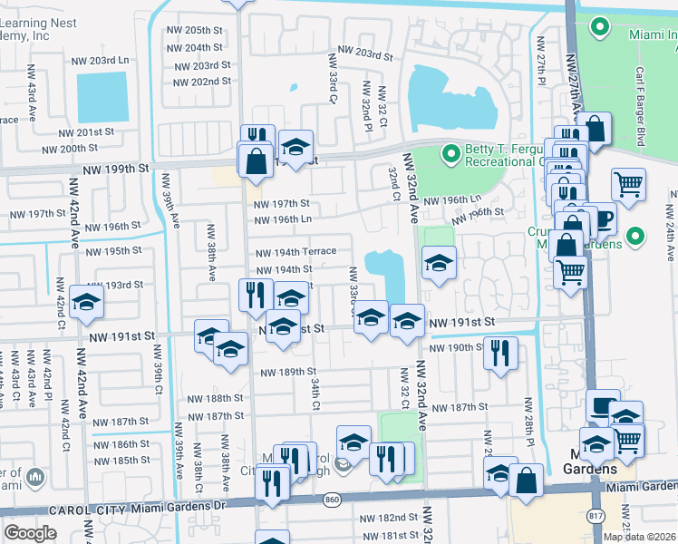 map of restaurants, bars, coffee shops, grocery stores, and more near 3348 Northwest 194th Street in Miami Gardens