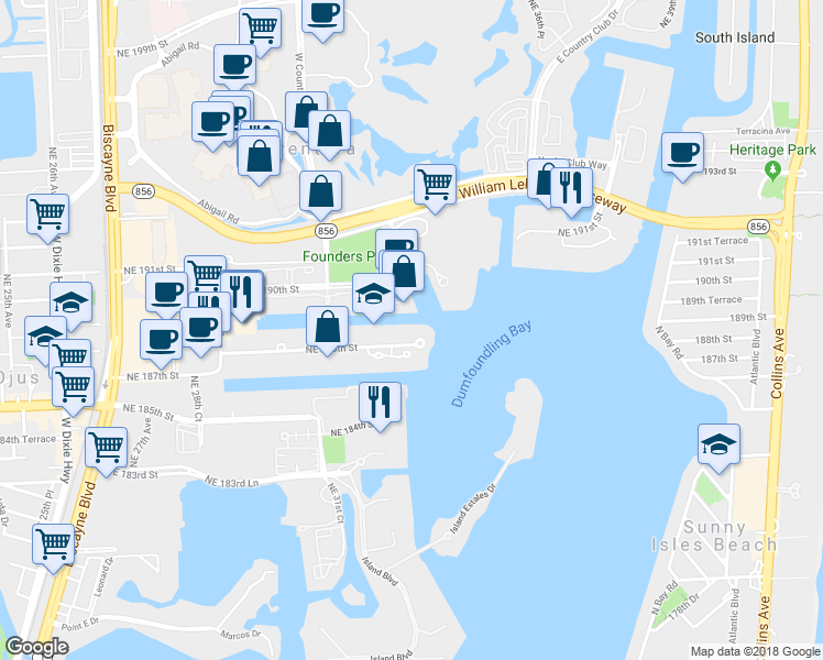 map of restaurants, bars, coffee shops, grocery stores, and more near 3373 Northeast 188th Street in Miami