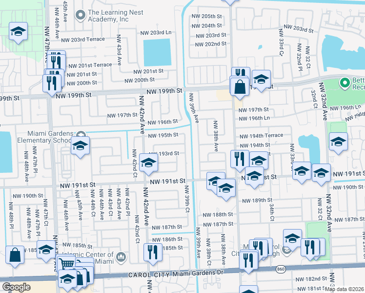 map of restaurants, bars, coffee shops, grocery stores, and more near 3920 Northwest 194th Street in Miami Gardens