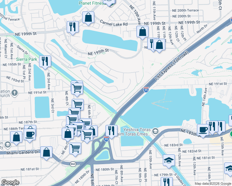 map of restaurants, bars, coffee shops, grocery stores, and more near 804 Northeast 191st Street in Miami