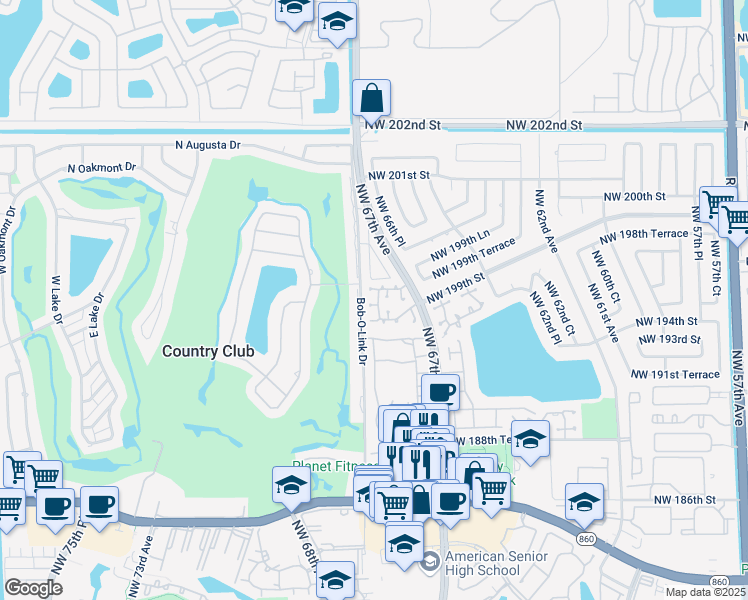 map of restaurants, bars, coffee shops, grocery stores, and more near 19924 Northwest 67th Place in Hialeah