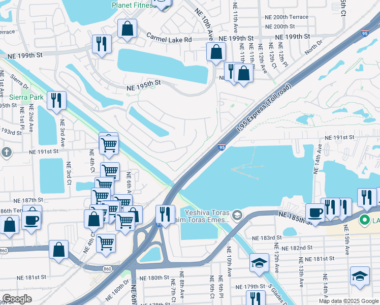 map of restaurants, bars, coffee shops, grocery stores, and more near 19125 Northeast 8th Court in Miami