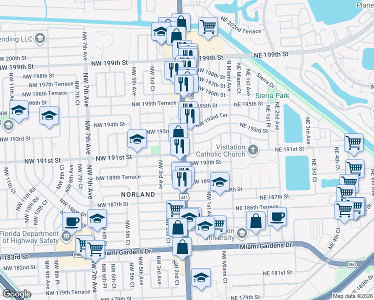 map of restaurants, bars, coffee shops, grocery stores, and more near 8 Northwest 2nd Avenue in Miami Gardens