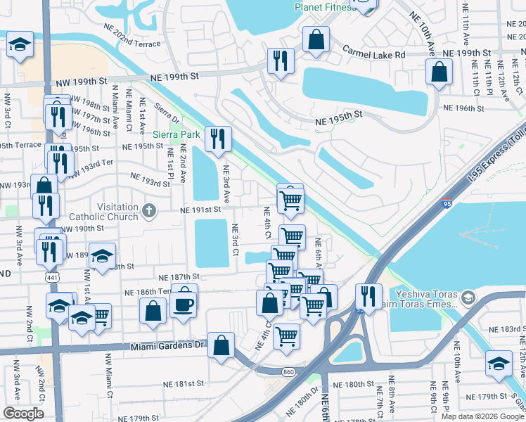 map of restaurants, bars, coffee shops, grocery stores, and more near in North Miami Beach