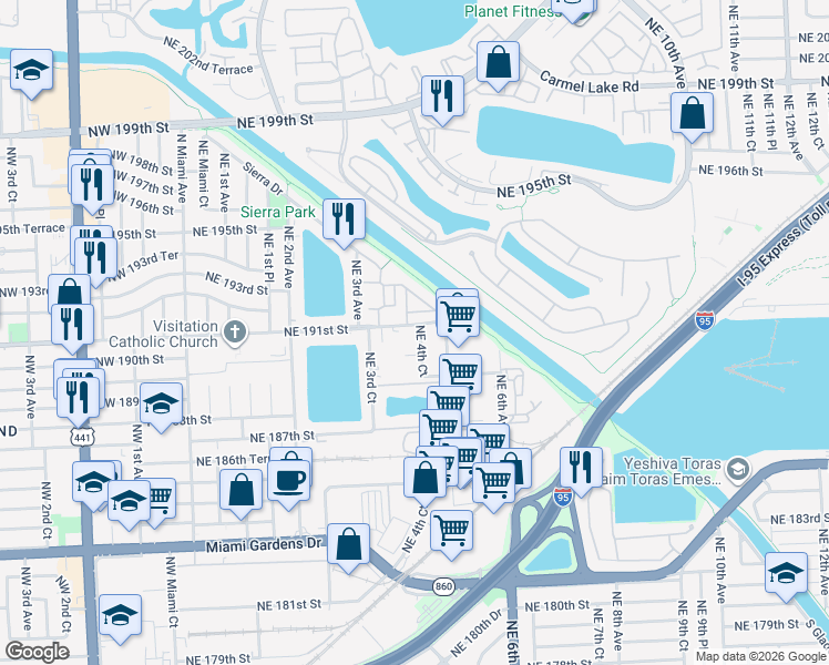 map of restaurants, bars, coffee shops, grocery stores, and more near in North Miami Beach
