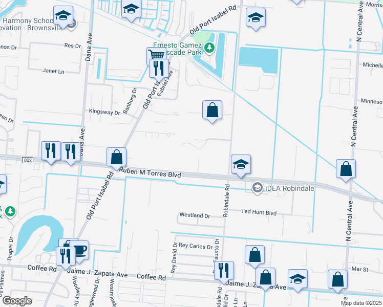 map of restaurants, bars, coffee shops, grocery stores, and more near 3721 East Ruben M Torres Boulevard in Brownsville