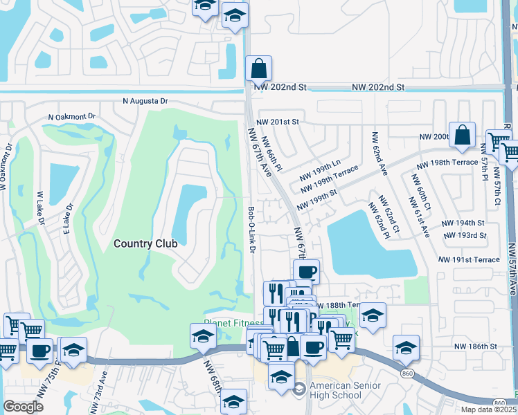 map of restaurants, bars, coffee shops, grocery stores, and more near 19924 Northwest 67th Place in Hialeah