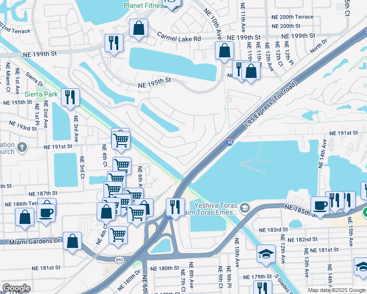 map of restaurants, bars, coffee shops, grocery stores, and more near 804 Northeast 191st Street in Miami